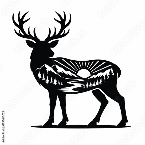 Deer Silhouette with Mountain River Sunset Double Exposure Vector Illustration