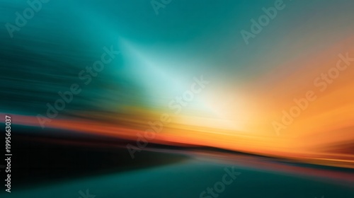 Dynamic abstract light streaks in teal and orange hues create a sense of motion.