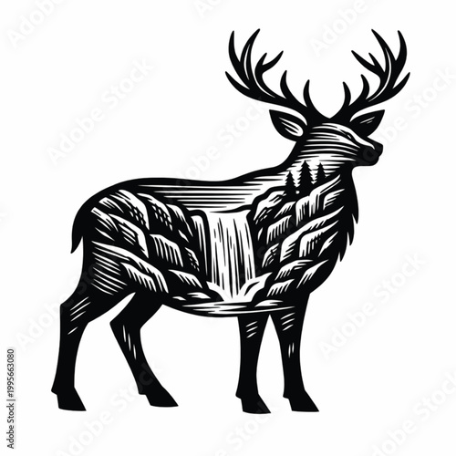 Deer Silhouette with Waterfall Mountain Landscape Double Exposure Vector Illustration
