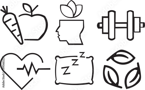 Minimalist healthy lifestyle icon set, 6 black line vector symbols for wellness and fitness, nutrition and mental health graphics for web design