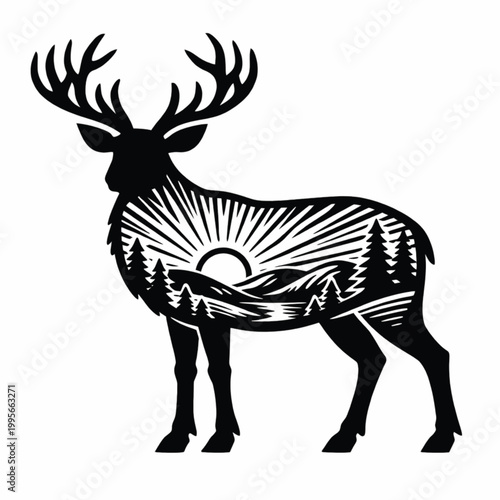 Deer Silhouette with Radiant Sunrise Mountain Landscape Double Exposure Vector Illustration