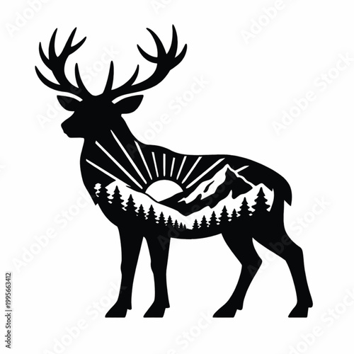 Deer Silhouette with Mountain Forest Sunrise Double Exposure Vector Illustration