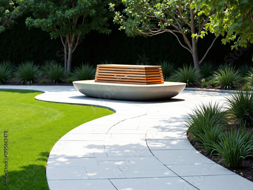 Modern minimalist park design featuring a curved concrete and wooden bench with landscaped greenery and smooth stone pathway in a clean, serene outdoor architectural environment