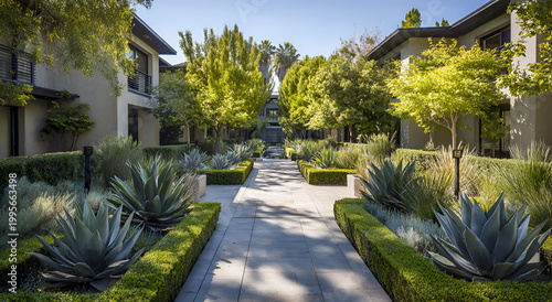 Lush Green Pathway Through Modern Residential Complex with Manicured Gardens.