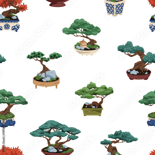 Bonsai trees seamless pattern. Japanese nature art, repeating print, texture for paper wrapping, wallpaper design. Japan zen garden, plants in pots on endless background. Flat vector illustration