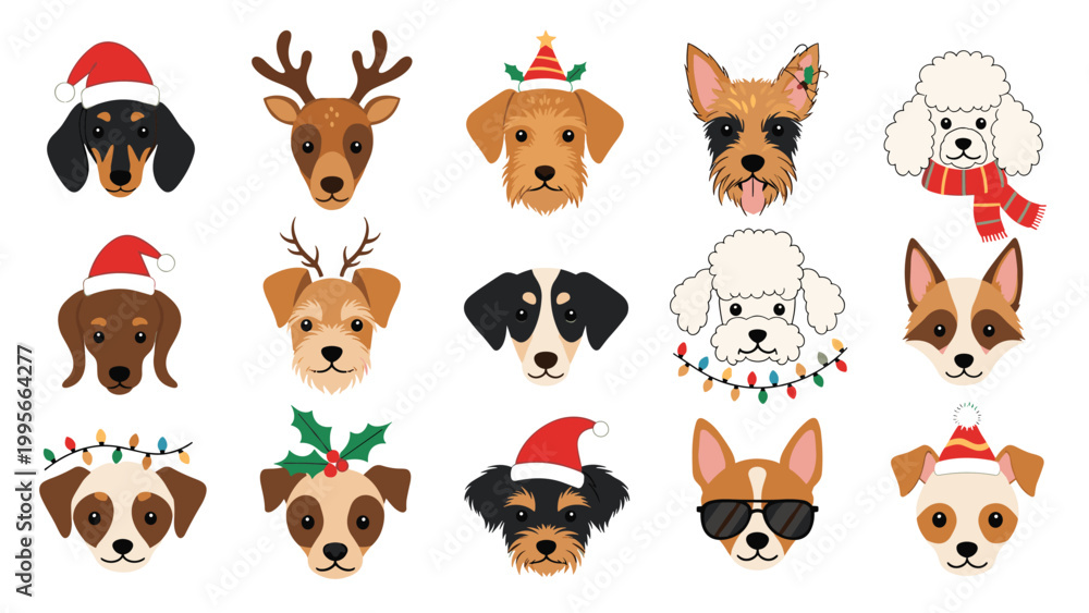 Fototapeta premium Festive collection of fifteen dog breed portraits wearing various christmas hats, antlers, and holiday accessories.