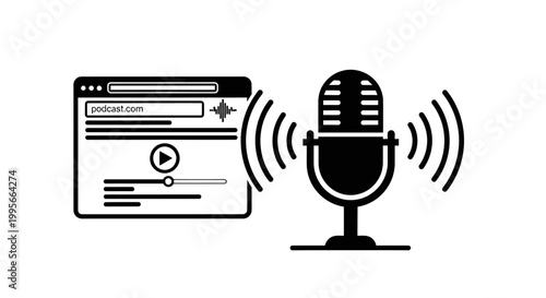 Podcast recording interface with vintage microphone and sound waves on digital screen