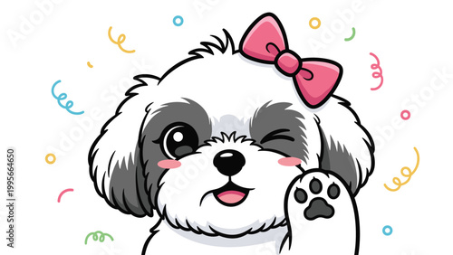 Adorable white and grey Shih Tzu dog wearing a pink bow is winking and waving amidst colorful confetti on white.