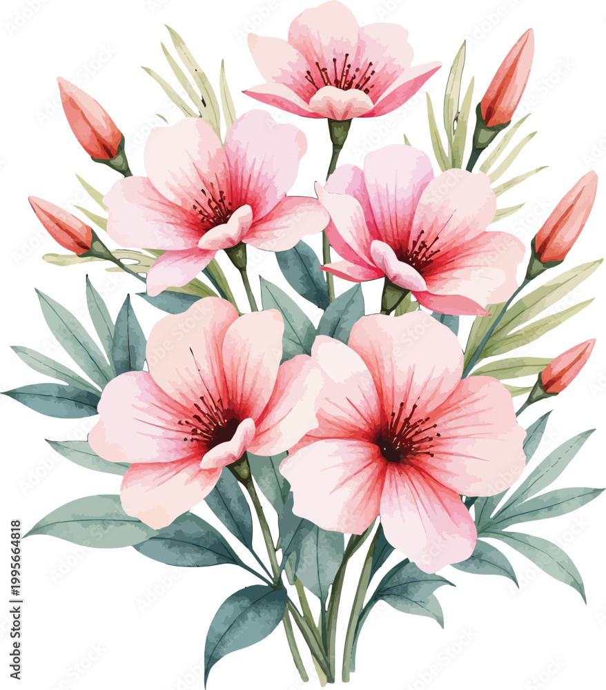 Obraz premium Pink hibiscus bouquet with buds and green foliage in watercolor
