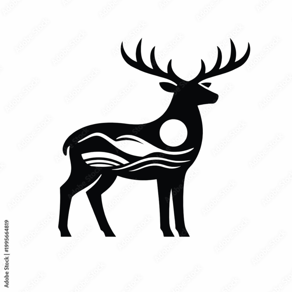 Fototapeta premium Minimal Deer Silhouette with Abstract Nature Waves and Sun Vector Design