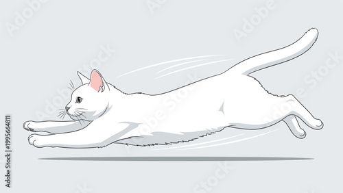 Sleek white cat captured mid-stride running extremely fast with dynamic motion lines against a light grey background for a veterinary ad.