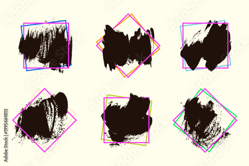 Abstract Brush Stroke Frames Set With Colorful Geometric Borders On White Background. Hand painted vector ink textures with vibrant square frames perfect for social media, branding and posters