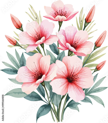 Pink hibiscus bouquet with buds and green foliage in watercolor