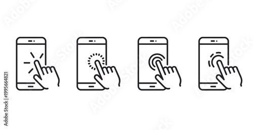 Four icons depicting finger tapping and touching a smartphone screen for user interaction.
