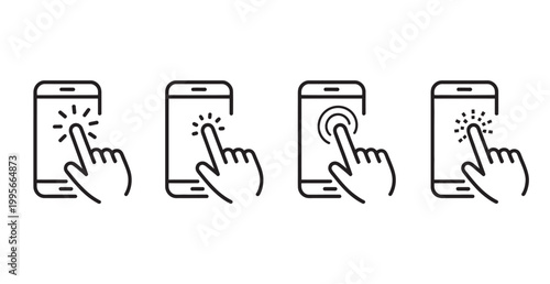 Collection of four finger tap and touch icons for smartphone and digital interface use.