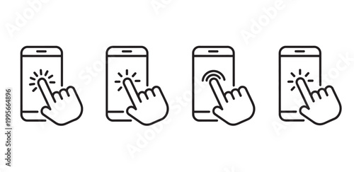 Set of four hand cursor icons touching a smartphone screen for digital interaction.