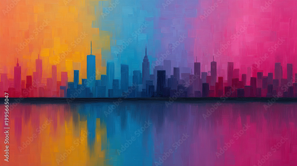 Obraz premium A vibrant cityscape bursts with energy and wealth, symbolized by towering skyscrapers and gleaming financial districts, a prosperous and optimistic mood, impressionism, impasto
