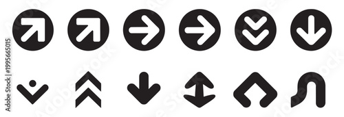 Assortment of black arrow icons in circles and squares for directional navigation and control.