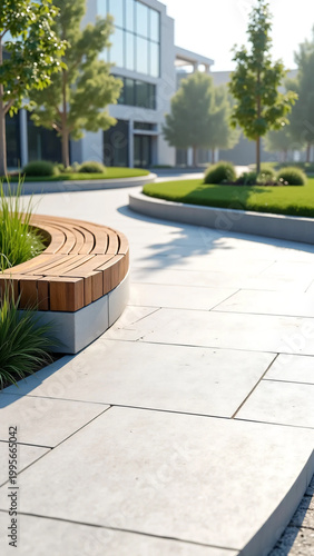 Modern minimalist park design featuring a curved concrete and wooden bench with landscaped greenery and smooth stone pathway in a clean, serene outdoor architectural environment