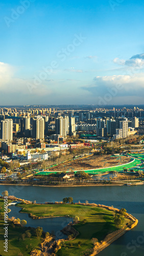 Aerial view of modern cityscape along the Grand Canal in Beijing City Sub-center, China