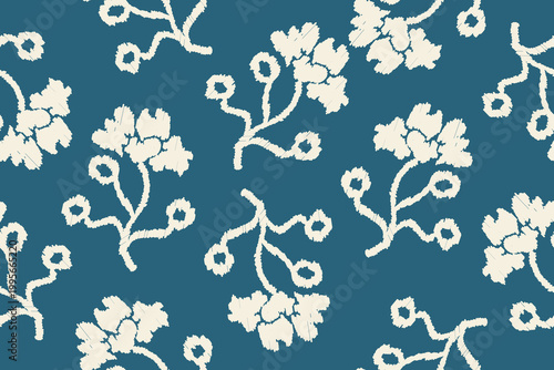 Bild auf Leinwand Minimalist Ikat Blossom Seamless Pattern, Teal Blue Ethnic Tribal Floral Print,