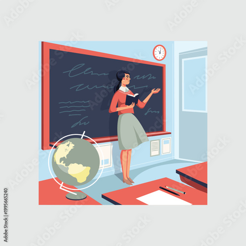 School teacher explaining lesson in classroom with chalkboard illustration 