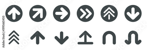 Set of dark gray arrow icons in circles and abstract shapes for direction and navigation