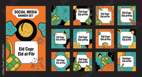 Colorful social media banner set for eid al fitr celebration design