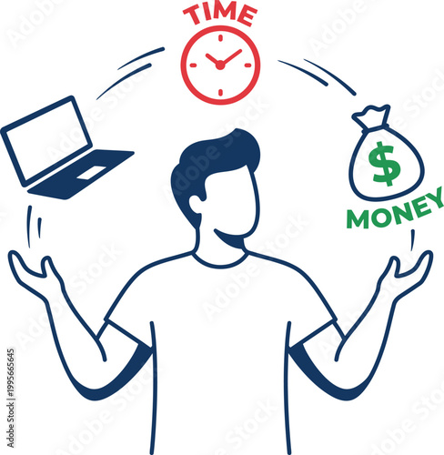 Work Life Balance Vector Illustration - Man Juggling Time and Money for Productivity Design