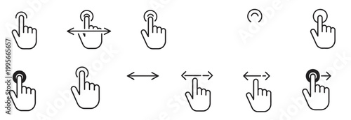 Collection of hand cursor and gesture icons for touch screen interaction and navigation