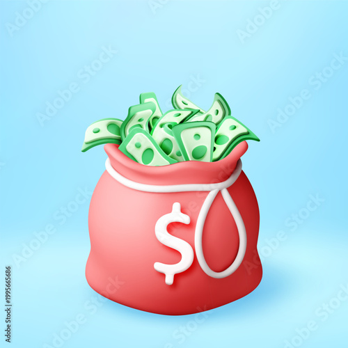 3D Red money bag filled with cash dollar banknotes. Financial savings and wealth. Concept of banking, investment, profit, and successful business budget growth. Vector illustration