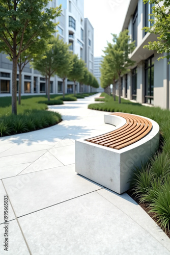 Modern minimalist park design featuring a curved concrete and wooden bench with landscaped greenery and smooth stone pathway in a clean, serene outdoor architectural environment