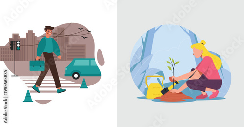 Woman planting young tree in the forest vector illustration 