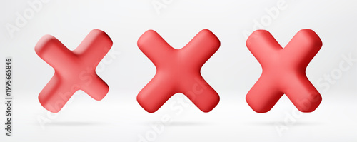 3D Red three dimensional x mark shapes. Symbols representing denial, rejection or error. Geometric icon set for user interface design and digital sign communication concept. Vector illustration