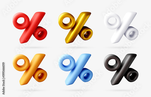 Set of colorful percentage signs as 3d vector icons. Glossy symbols for sale, discount, and financial marketing. Business promotion and shopping concept isolated on white. Vector illustration
