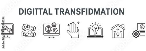 Digital transformation icons: technology, innovation, business growth, and data management concepts.