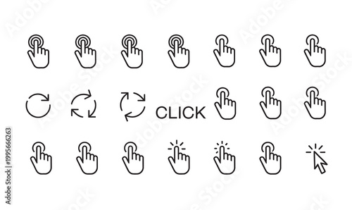 Set of line icons representing clicking, tapping, and hand gestures for digital interaction