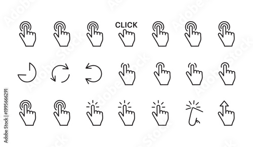 Collection of line icons for digital interaction including clicks, taps, and hand gestures