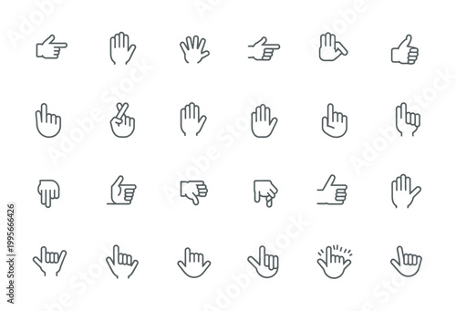 Diverse set of line icons depicting various hand gestures and actions for digital interfaces
