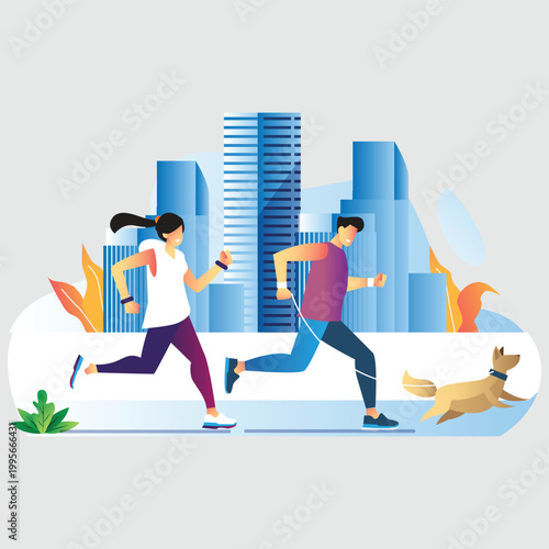 Couple jogging together in the city park 