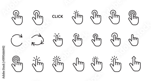 Variety of line icons for digital interaction, featuring clicks, taps, and hand gestures
