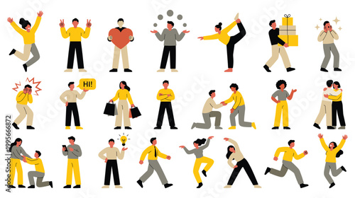 Set of diverse flat characters expressing different emotions and actions.