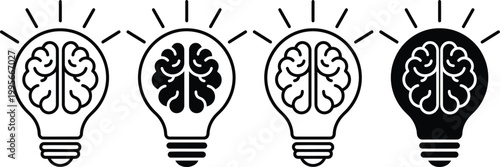 Four black and white light bulb icons with brain inside isolated on white background, Vector