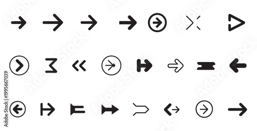 Diverse collection of arrow icons representing direction, navigation, and movement in digital interfaces.