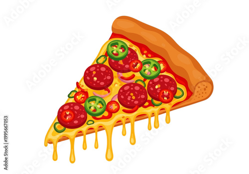 Delicious Pepperoni Pizza Slice Illustration with Melting Cheese and Jalapenos - Vector