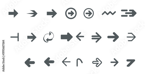 Set of solid gray arrow icons indicating direction, progress, and navigation in digital applications.