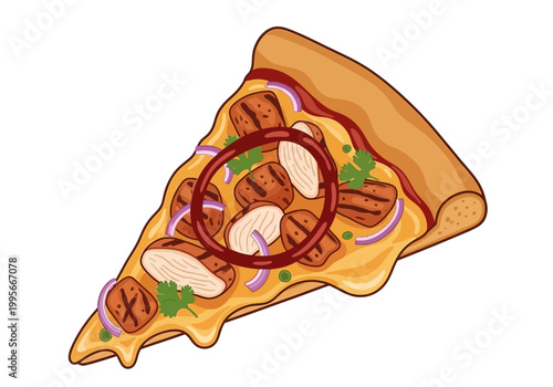 Delicious slice of pizza with chicken and onions, vector illustration, mouth-watering cheese