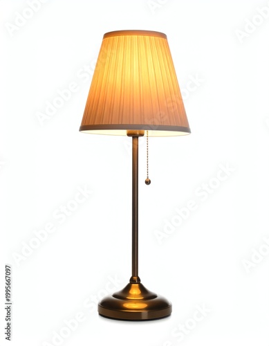 Warm glowing brass table lamp stands elegantly on white, creating a cozy, inviting ambiance for home, office, reading, or restful modern spaces.