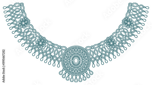 Decorative traditional Indian necklace design on white background sketch.