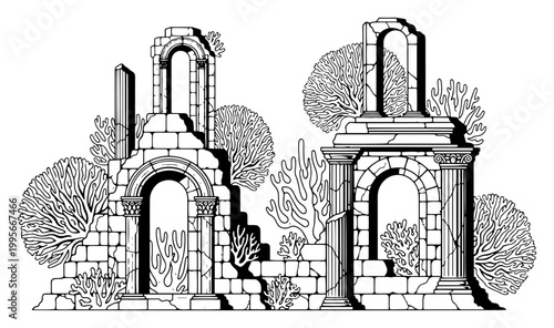 Ancient architectural ruins with arches and coral in detailed engraving style